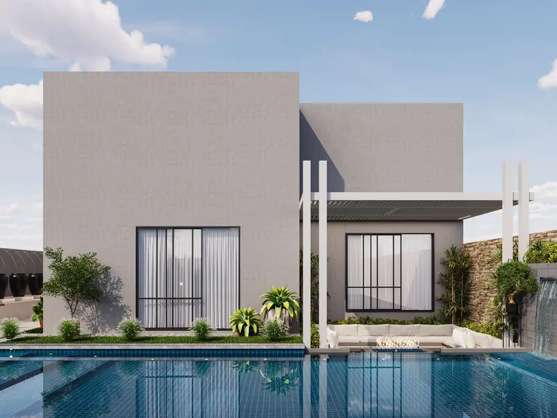 Havuzlu, modern çizgide bir villanın dış görünümü