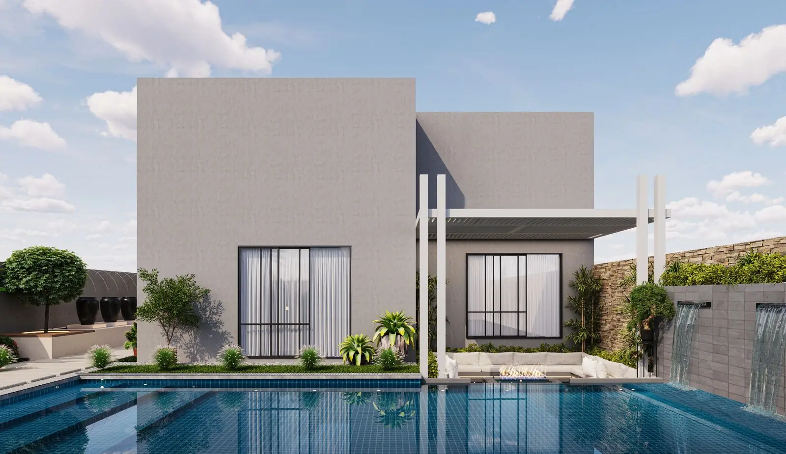 Havuzlu, modern çizgide bir villanın dış görünümü